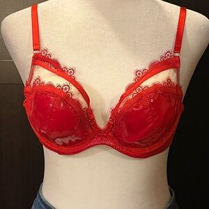 Hustler sexy playful half-cup bra / lingerie Faux leather, mesh & lace. Red. 34B